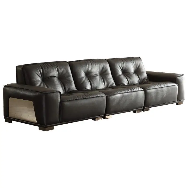 

High-end Shizeng full green leather black diamond sofa living room, furniture black leather sofa first layer