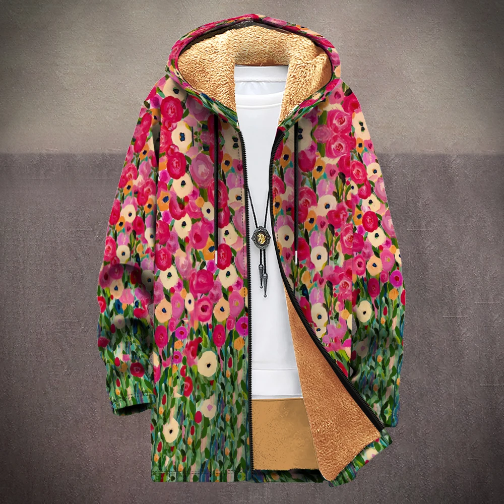 

Куртка с капюшоном и цветочным принтом, подкладка из искусственного меха, художественное пальто с акварельными цветами, винтажная уличная одежда унисекс для весенней и осенней моды