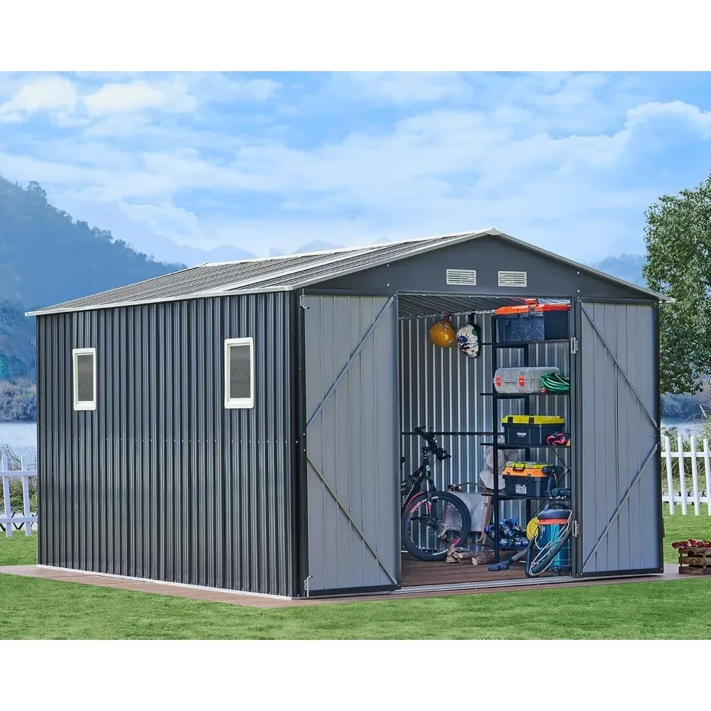 10x12x7.5 FT Outdoor Storage Shed, Metal shed with 2 Clear Panels Hinged Double Doors 4 Vents, Outdoor Shed for Backyard, Garden