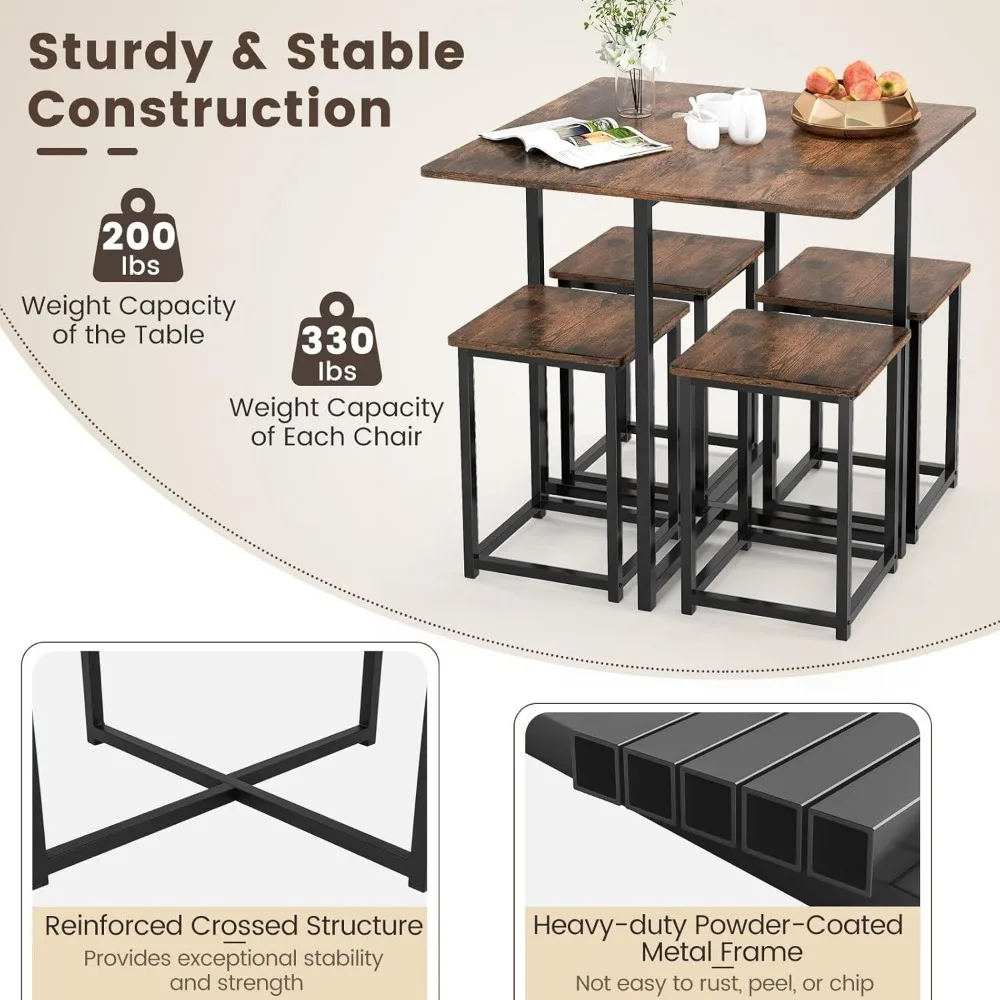 Dining Table Set for 4, Small Kitchen Table Set with Square Stools and Metal Frame, Perfect for Small Spaces, H