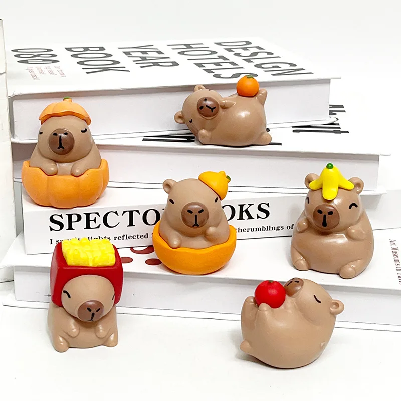 In Stock Cartoon Cute Popular 6pcs/set Capybara Fruits Vegetables Figure Anime Periphery Toys Desktop Car Ornaments Model 7cm