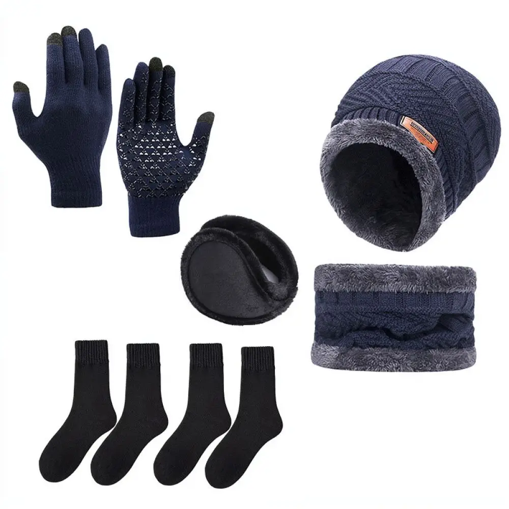 Unisex Winter Knit Warm Set Thick Beanie Hat Neck Warmer Anti Slip Touchscreen Gloves Socks Cozy Thermal Clothing Accessory