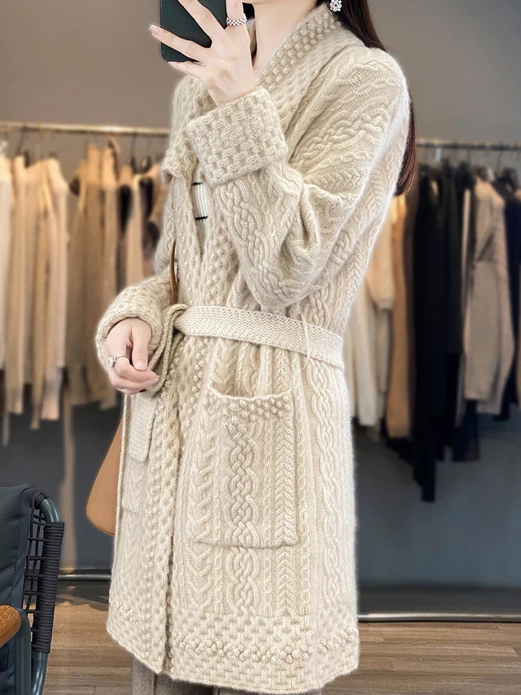 BELIARST 2023 Autumn/Winter New Women\'s Clothing Overcoat Solid Belt Long Cardigan Knitted 100% Merino Wool Sweater BE-8830