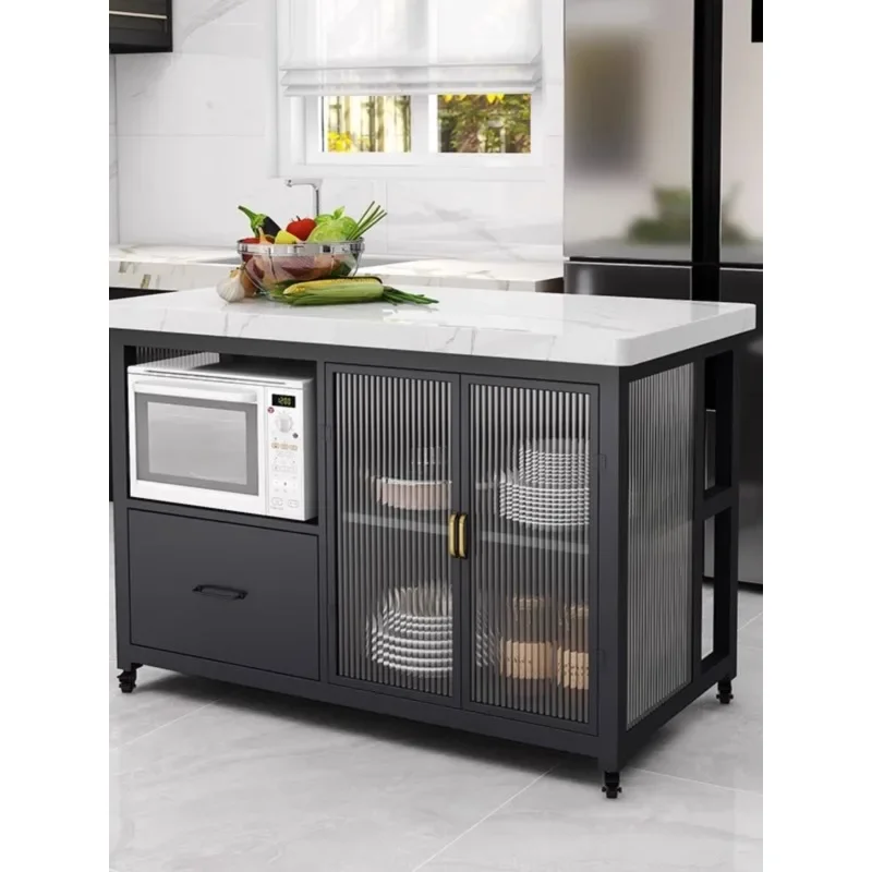 Marble Kitchen Movable Middle Island Table Integrated Cooking Table Open Edge Cabinet Locker