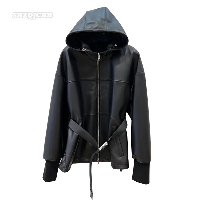 Women's New Fashion Sheepskin Hooded Leather Women's Long Sheepskin Belt Temperament Jacket Windbreaker