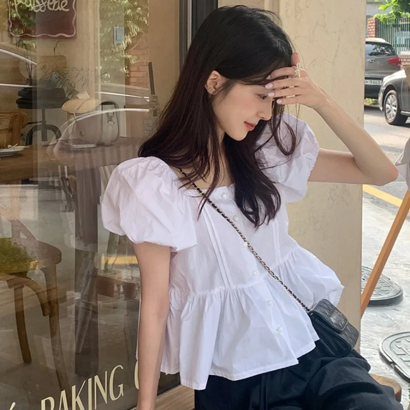 Square Collar Shirts & Blouses Puff Short Sleeve Blusas Single Breasted Camisas Korean Ins Ropa Mujer Summer 2024 New Tops