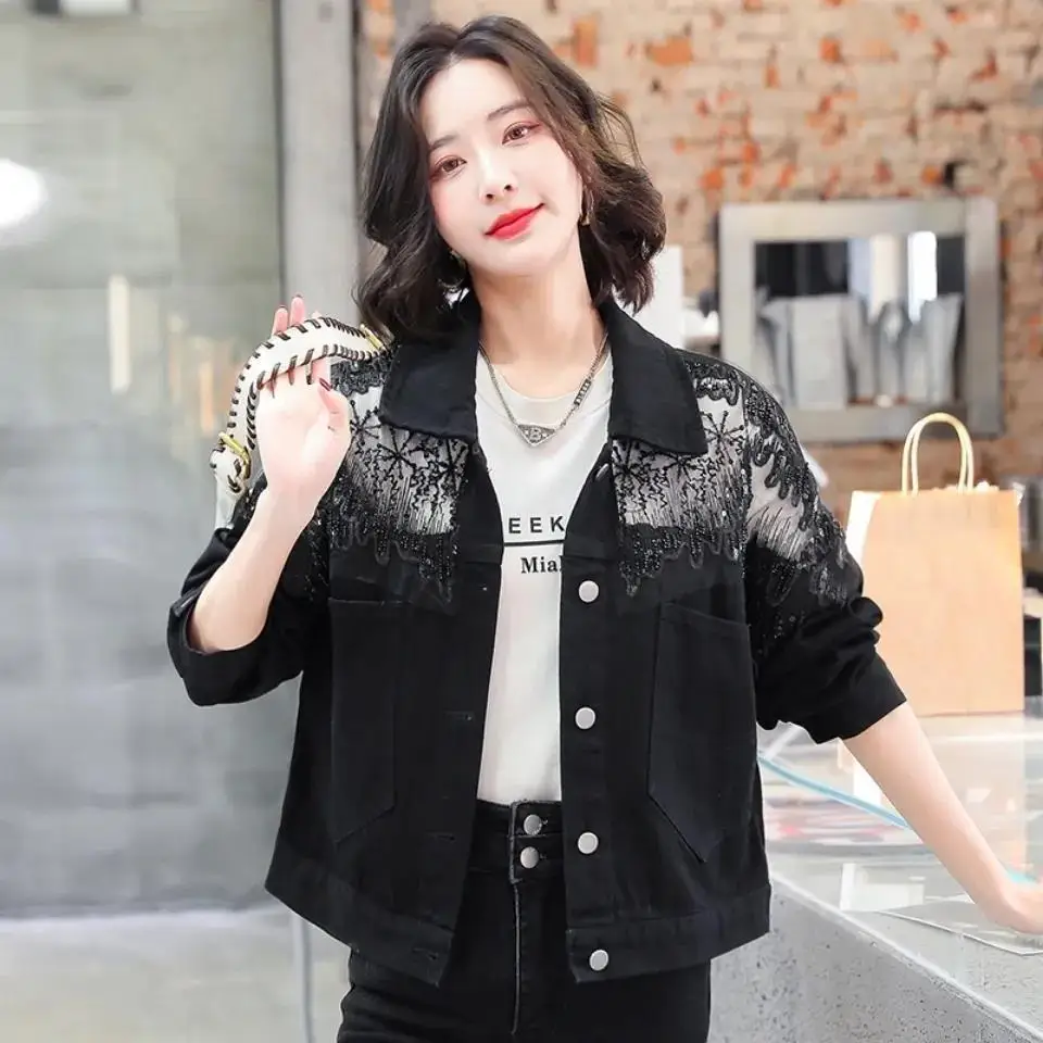 Neploe Gentle Feminino Top 2024 Early Spring Streetwear Casual Loose Long Sleeve Laple Heavy Industry Mesh Sequin Denim Jacket