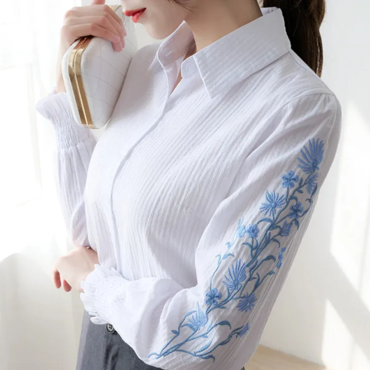 2023 Elegant Spring Top Female Embroidery Blouse Fashion Cotton Women\'s Shirts And Blouses Tops Long Sleeve Lwoman Blouse Blusa