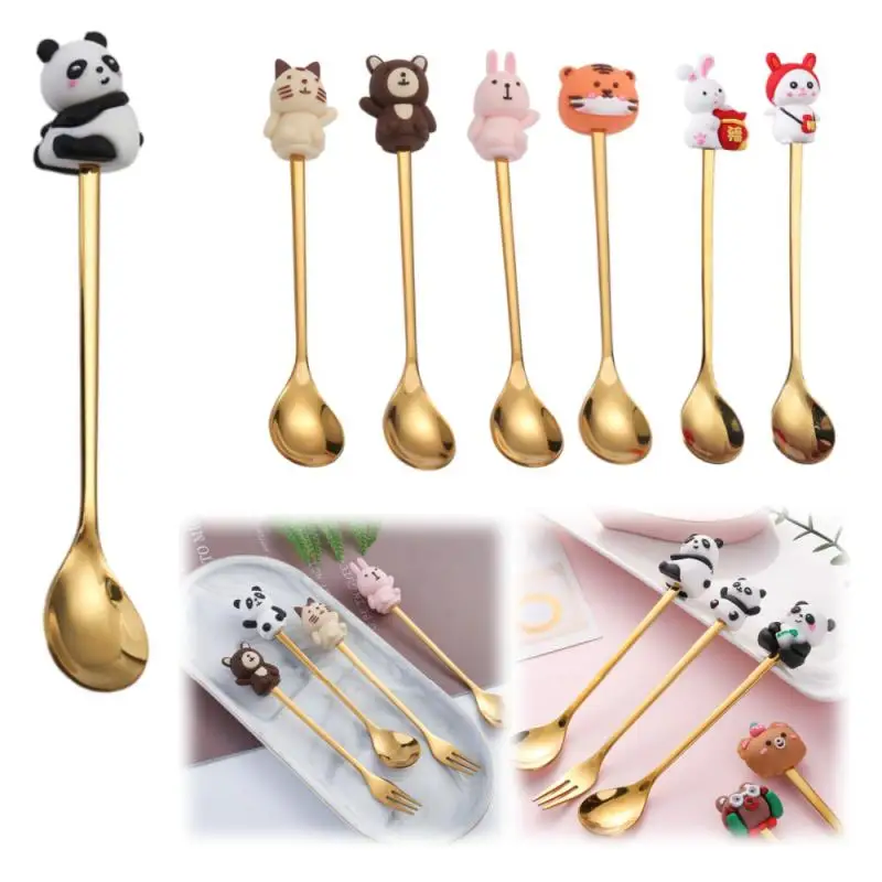 1PC Creative Cute Children's Doll Spoon Fork Stainless Steel Coffee Spoon Dessert Fruit Animal Spoon