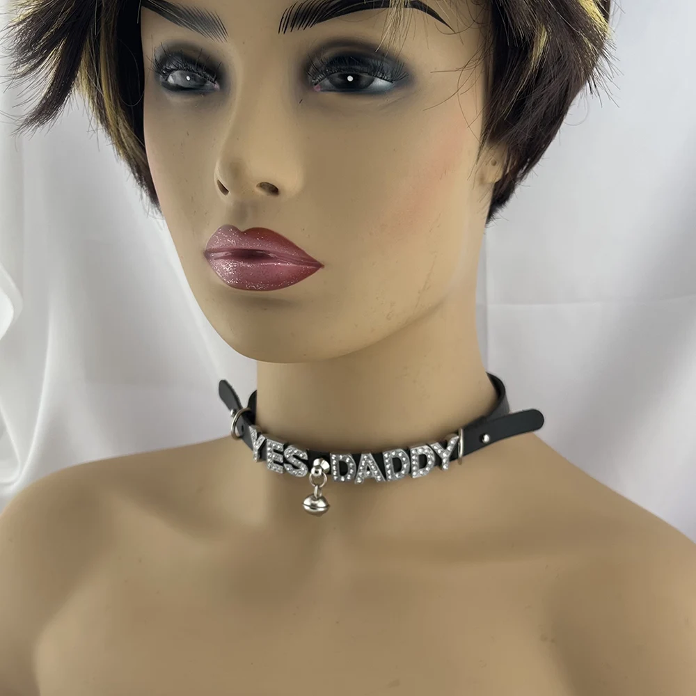Bell Buckled Adjustable Leather Rhinestone Custom Letters Collar  Name Chocker Necklace Cosplay Jewelry Gift