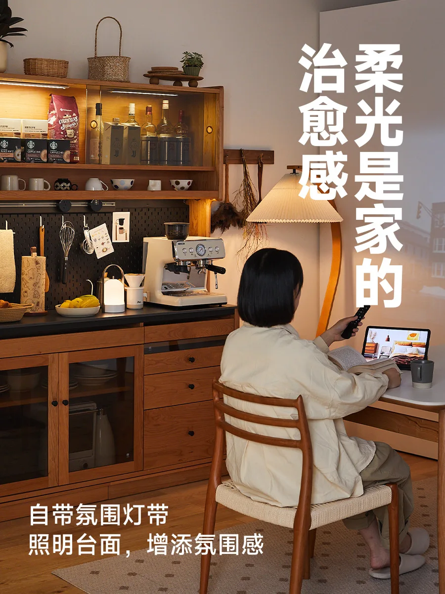 Nordic solid wood dining side cabinet cherry wood high cabinet rock slab integrated against the wall hole board storage