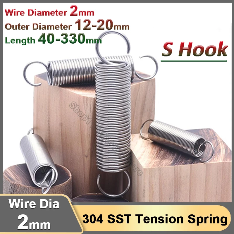 2mm Stainless Steel Open S Hook Tension Spring Cylindroid Helical Draught Coil Extension Expansion Tensile Spring Length40-330mm