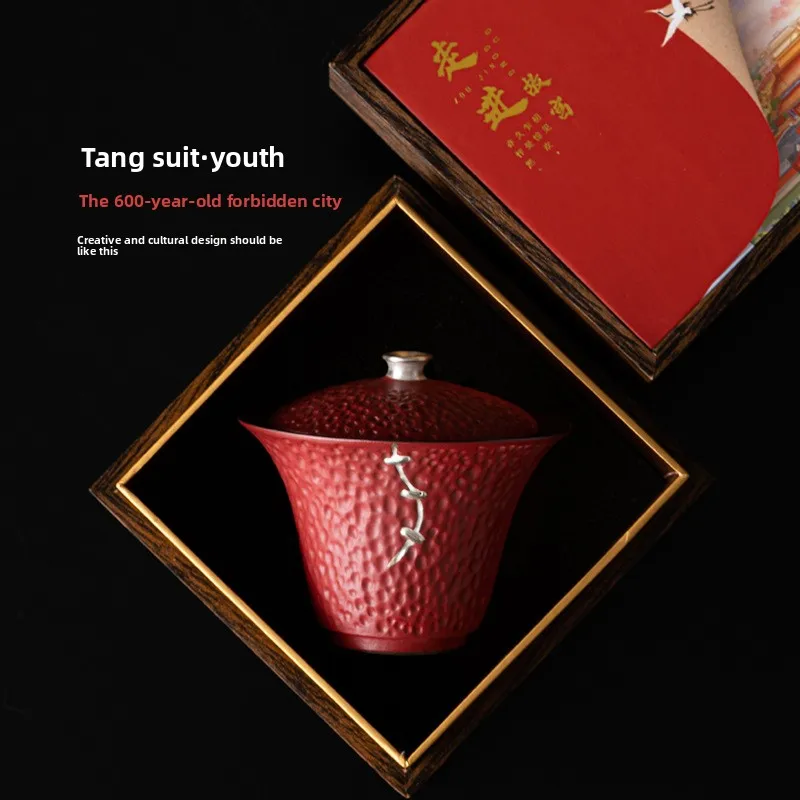 

Chinese Red Royal Cultural and Creative Set, Red Glazed Three Talent Bowl, Tea Cup, Ceramic Kung Fu Tea Set, Exquisite Gift Box
