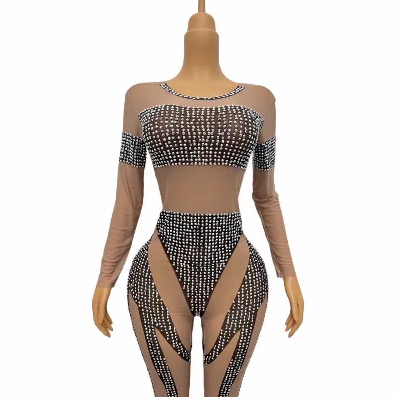 

Flashing Silver Rhinestones Nude Black Stretch Jumpsuit Birthday Celebrate Costume Sexy Dance Long Sleeves Bodysuit youhuo