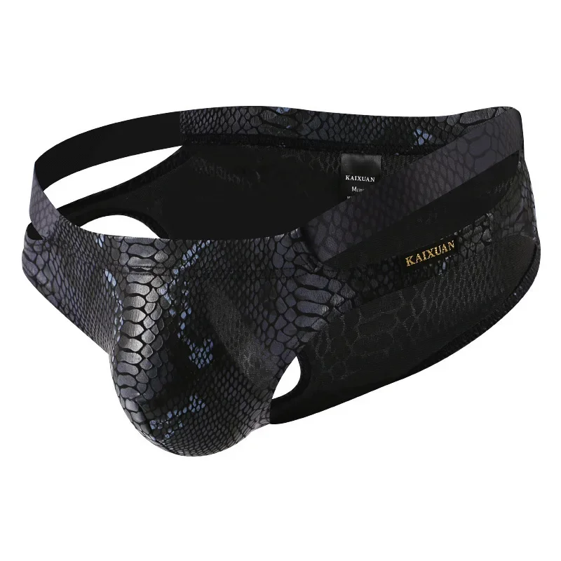 Men's Low Waist Snake Print Bikini Briefs, Sexy Cut-Out U-Convex Large Pouch Erotic Underwear Gays Fashion Nightclub Underpants