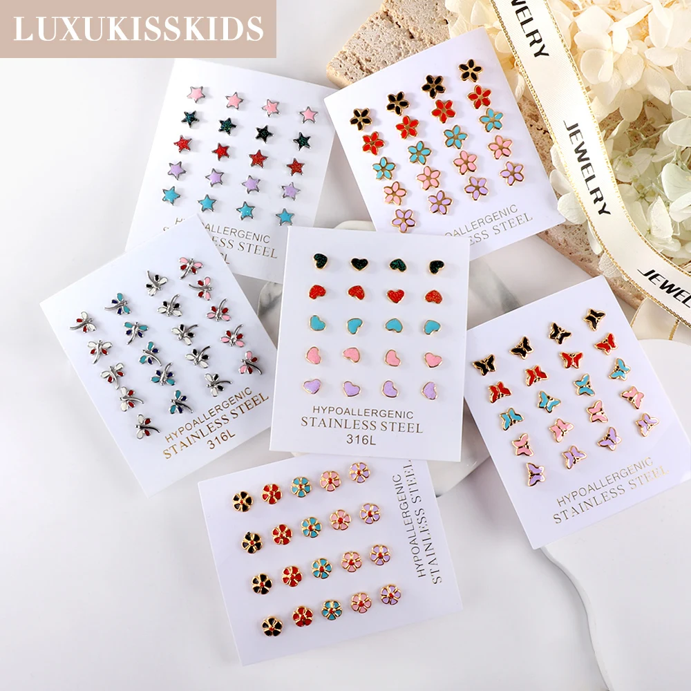 LUXUKISSKIDS Crown Heart Colorful Earrings Sets Children Korean Fashion Flower Stud Ear Clips Girls/Woman 10pairs Cute Jewelry