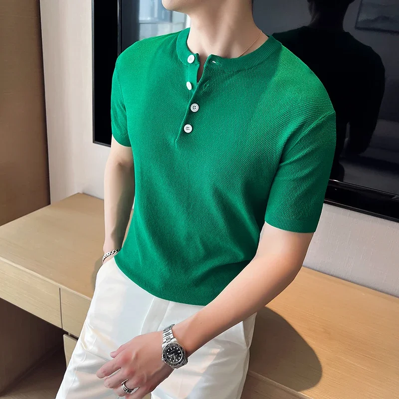 Summer Men Round Neck Embroidered T-Shirt Stretch Plaid Slim Fit Short Sleeve Knit Sweater Tee Shirt Top Club Prom Tuxedo