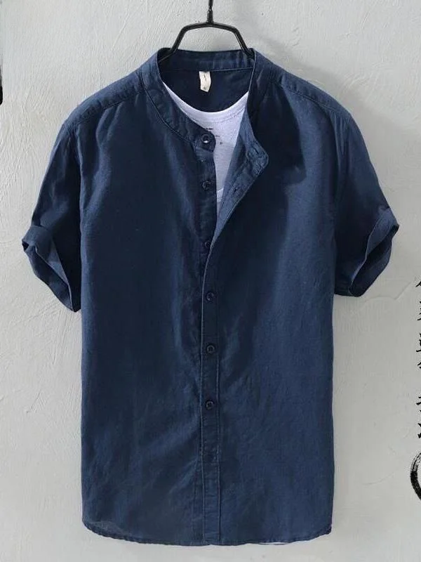 

Loose Fit Linen Shirt Men's Short Sleeve Cotton Linen Summer Thin Casual Linen Material Trendy Shirt Breathable Lightweight