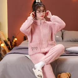 5XL Plus Size Plush Pajamas Women Winter Warm Zipper Cardigan Long-sleeved Trousers Outerwear Suit Flannel Soft Loungewear