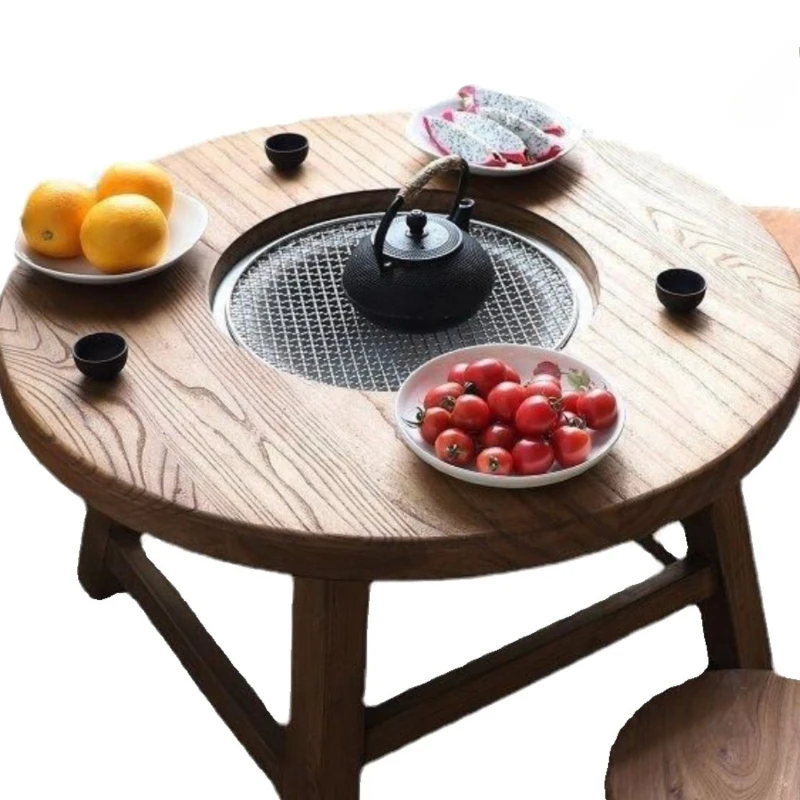 Old elm table, log small round table, household charcoal table, indoor new Chinese hot pot