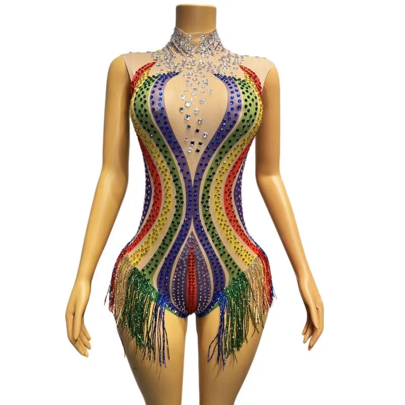 

Colorful Rhinestones Tassels Sexy BodysuitTransparent Sleeveless Leotard Evening BirthdavCelebrate Outfit Costume haicao