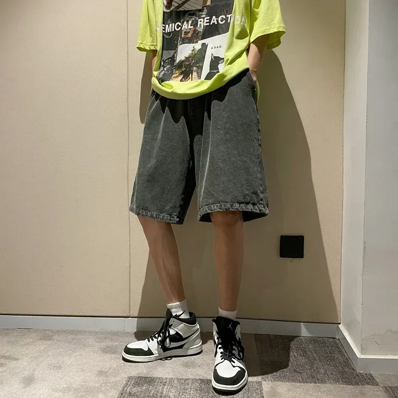 Black Men\'s Loose Denim Shorts Fashion Casual Oversized Baggy Wide Short Jeans Male Bermuda Short Pants Streetwear