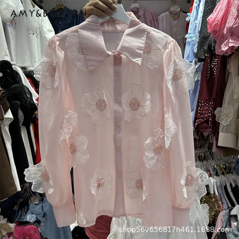 

Light Luxury Polo Collar Shirt For Ladies Summer Floral Embroidery Mesh Design Sense Chic Elegant Top Korean Style Blouse Women