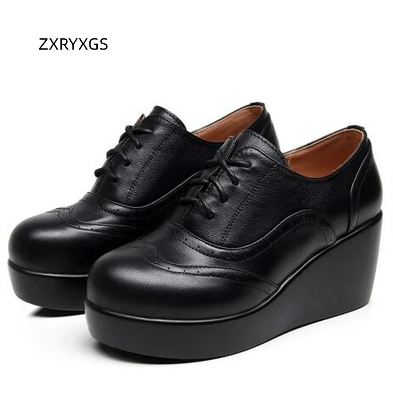 

ZXRYXGS 2023 Popular Breathable Real Leather Shoes Platform Wedges Increase Shoes High Heels Black Plus Velvet Winter Shoes 2023