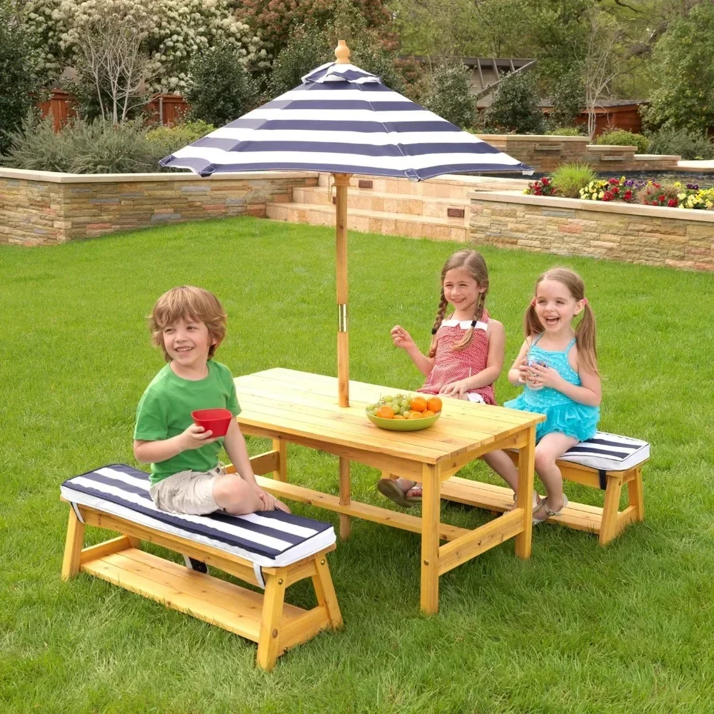 Outdoor Wooden Table & Bench Set With Cushions and Umbrella Picnic Kids Backyard Furniture Ultra Light Table Camping