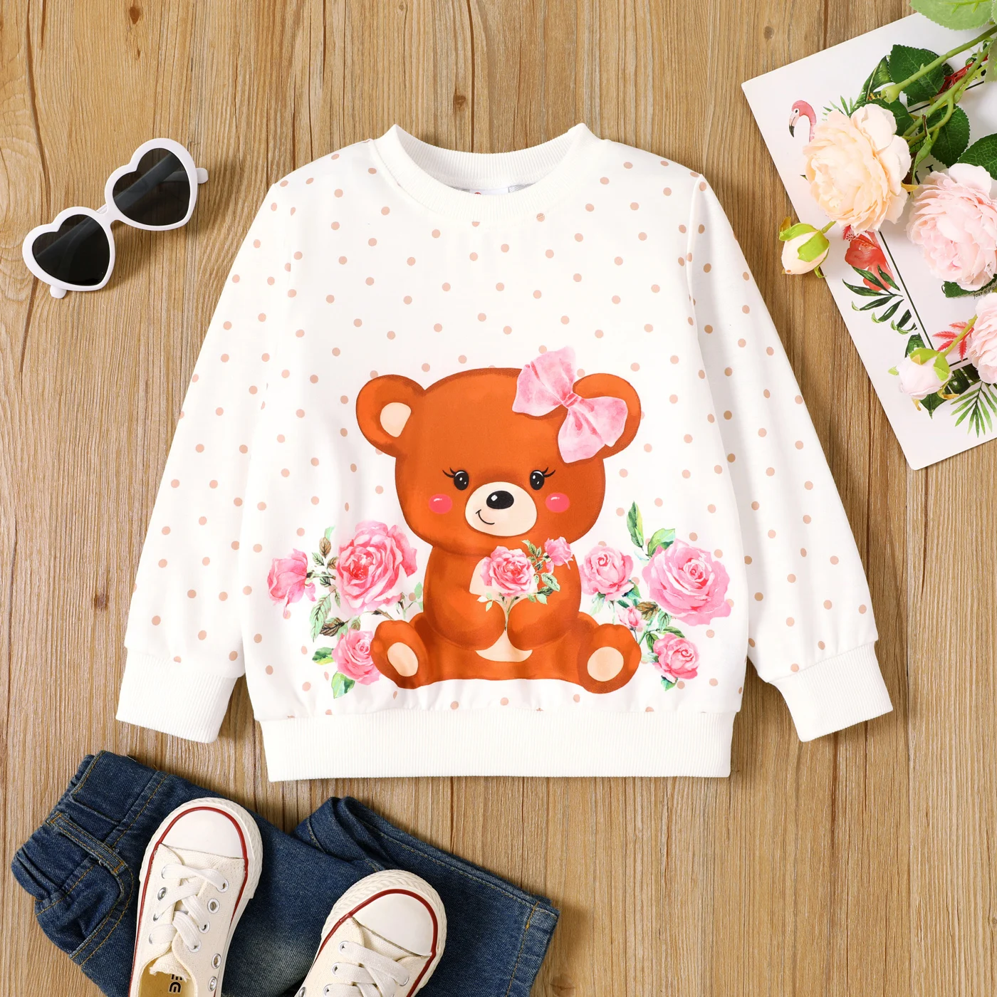 PatPat Toddler Girl Floral & Polka Dots Print Long-sleeve Pullover Sweatshirt