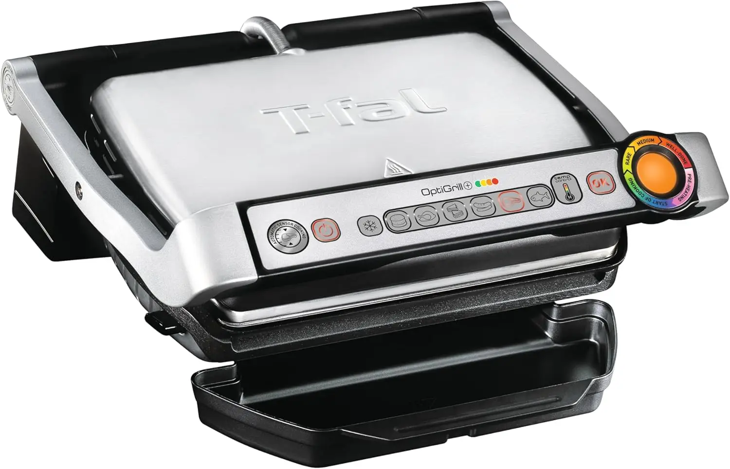 OptiGrill Stainless Steel Electric Grill Indoor 4 Servings 6 Automatic Cooking Modes, Intelligent grilling rare 1800 Watts