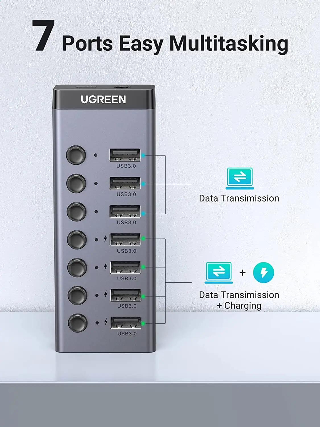 

UGREEN Powered USB 3.0 Hub 7-Port USB Adapter with 4 Smart Charging Ports USB Splitter with Individual Led On/Off Switches
