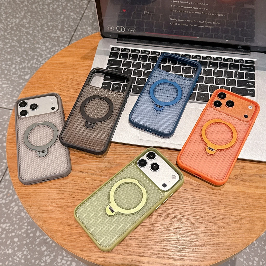 Summer Mesh Breathable Holes 360 Rotating Bracket With Camera Glass Film  Phone Cover Case for iPhone 17 16 15 14 Pro Max