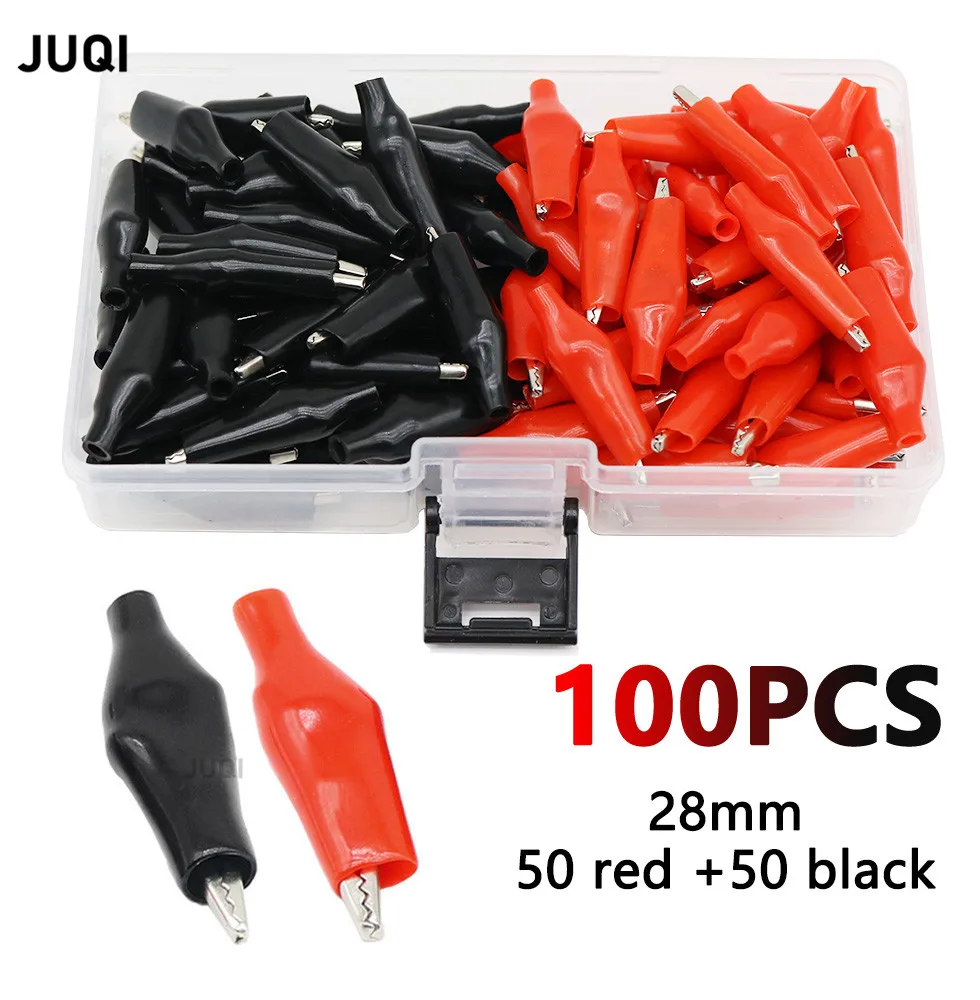 

100PCS/BOX 28mm Metal Crocodile clip Electrical test probe insulation Plastic sheath Red Black connector crimps for wires