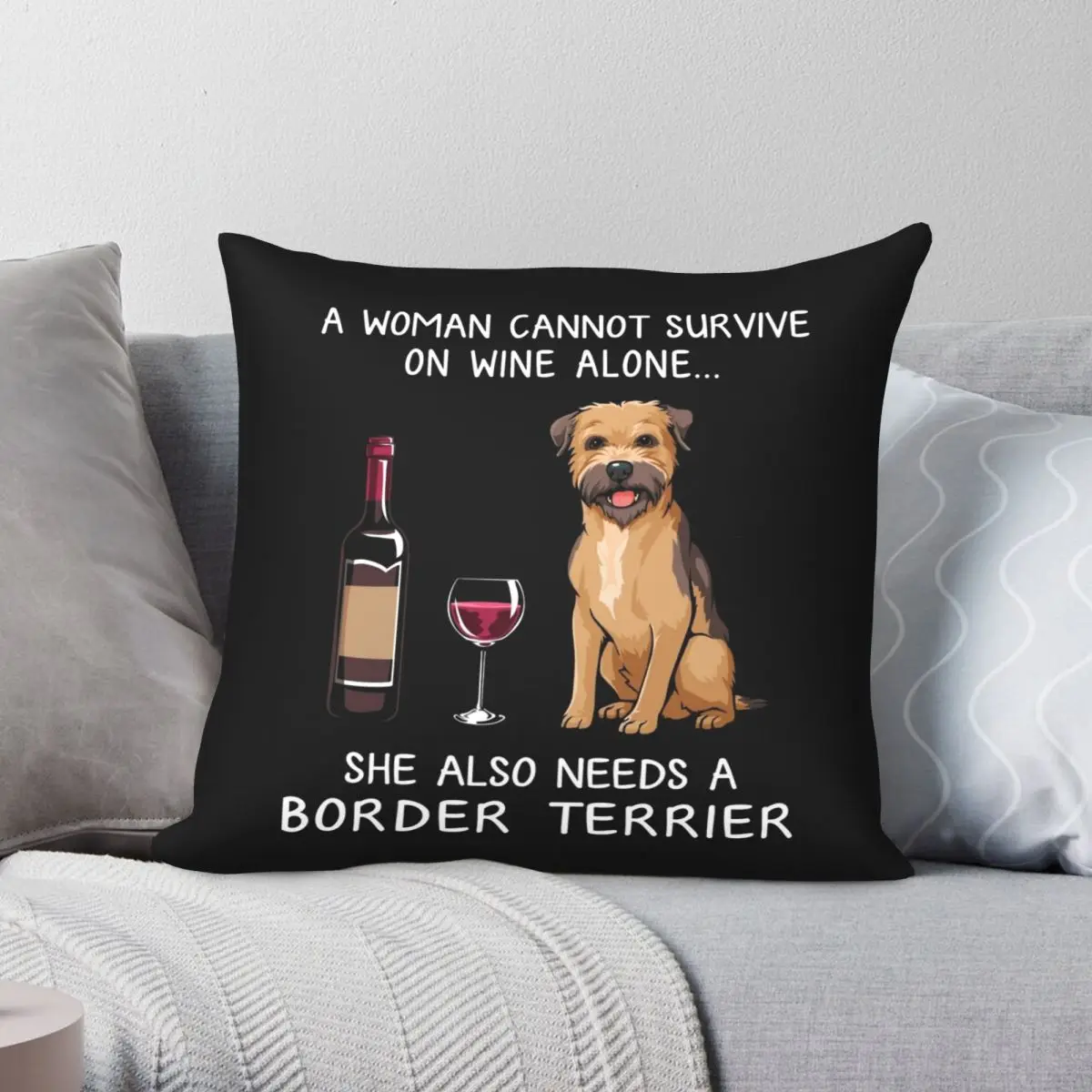 

Border Terrier And Wine Funny Dog Square Pillowcase Polyester Linen Velvet Creative Zip Decor Home Cushion Cover 18"