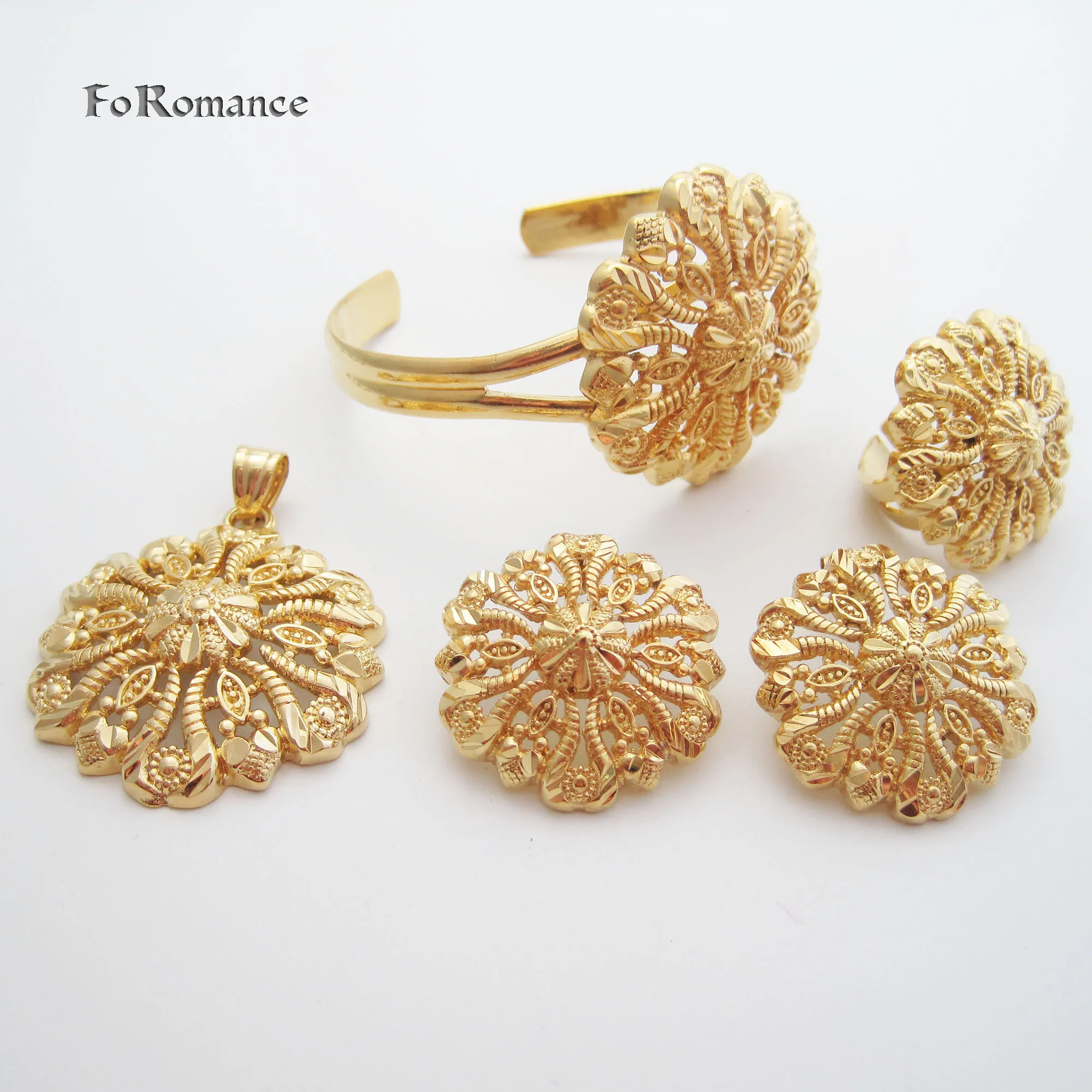 

YELLOW GOLD PLATED FLOWER PATTERN EARRING 60CM NECKLACE PENDANT BANGLE RING BRIDAL WEDDING JEWELRY SET GREAT GIFT