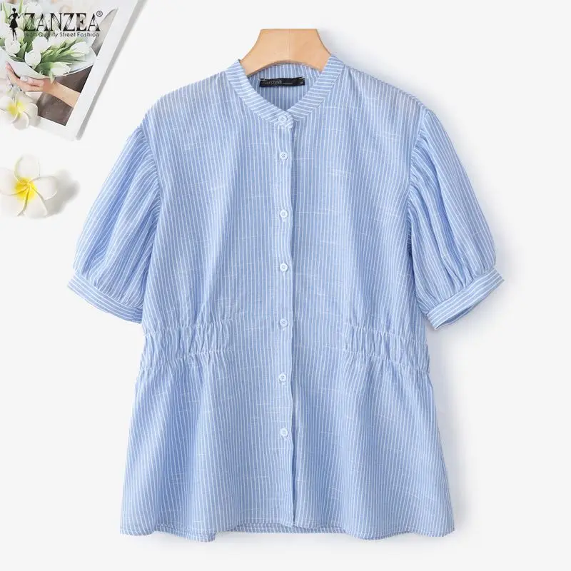 

ZANZEA Fashion Summer Women Shirt Short Sleeve Tops Striped Shirt O Neck OL Work Puff Sleeve Tee Streetwear Buttons Party Shirts