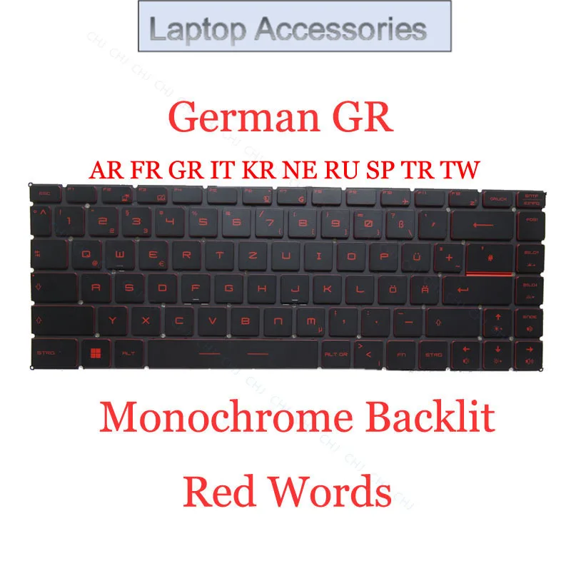 Teclado retroiluminado F FR GR RU SP palabras rojas para MSI GF63 Thin 10UC 10UD 10SC 10SCXR 10SCSR 11UC 11UD 11SC 11SCV negro sin marco
