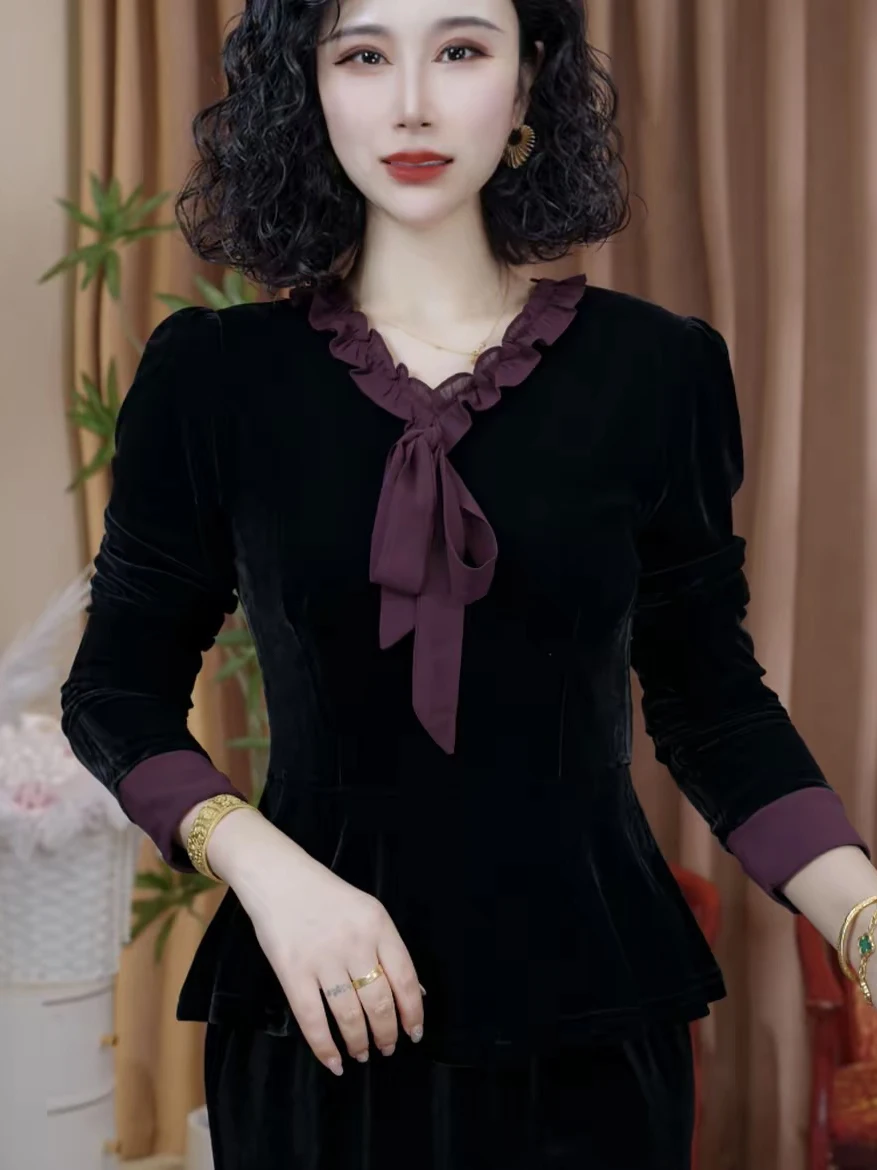Elegant V-neck Velvet Top with Bow Design Long Sleeve Slimming Women's Fashion Autumn New Style Charming Base Layer Top