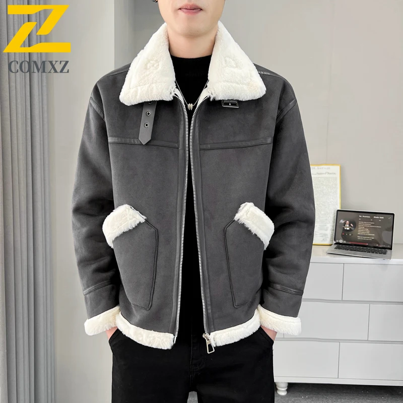 

2025 Men Jacket Autumn Winter Trendy Versatile Lamb Fleece Thickened Warm Collar Leather Jacket Outdoor Leisure Motorcycle Coat