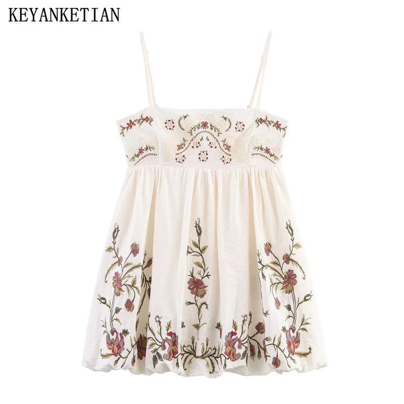 

KEYANKETIAN 2025 летнее новое праздничное платье с цветочной вышивкой и бретельками, женские мини-платья с боковой молнией и высокой талией с разрезом на шее