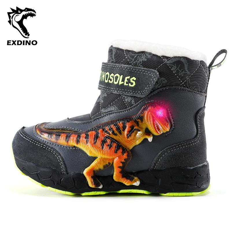 EXDINO T-REX LED Winter Snow Boots 3-6Y Children Boys Genuine Leather New Kids Light Up Dinosaur Flashing Warm Thick Plush Shoes