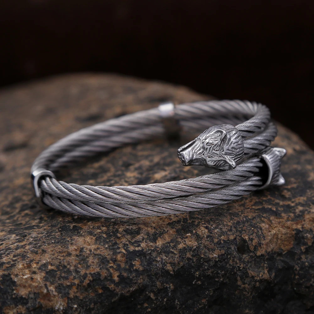 

Men's Stainless Steel Norse Viking Double Wolf Head Bracelet Punk Biker Vintage Animal Bangles Charm Trendy Jewelry Dropshipping