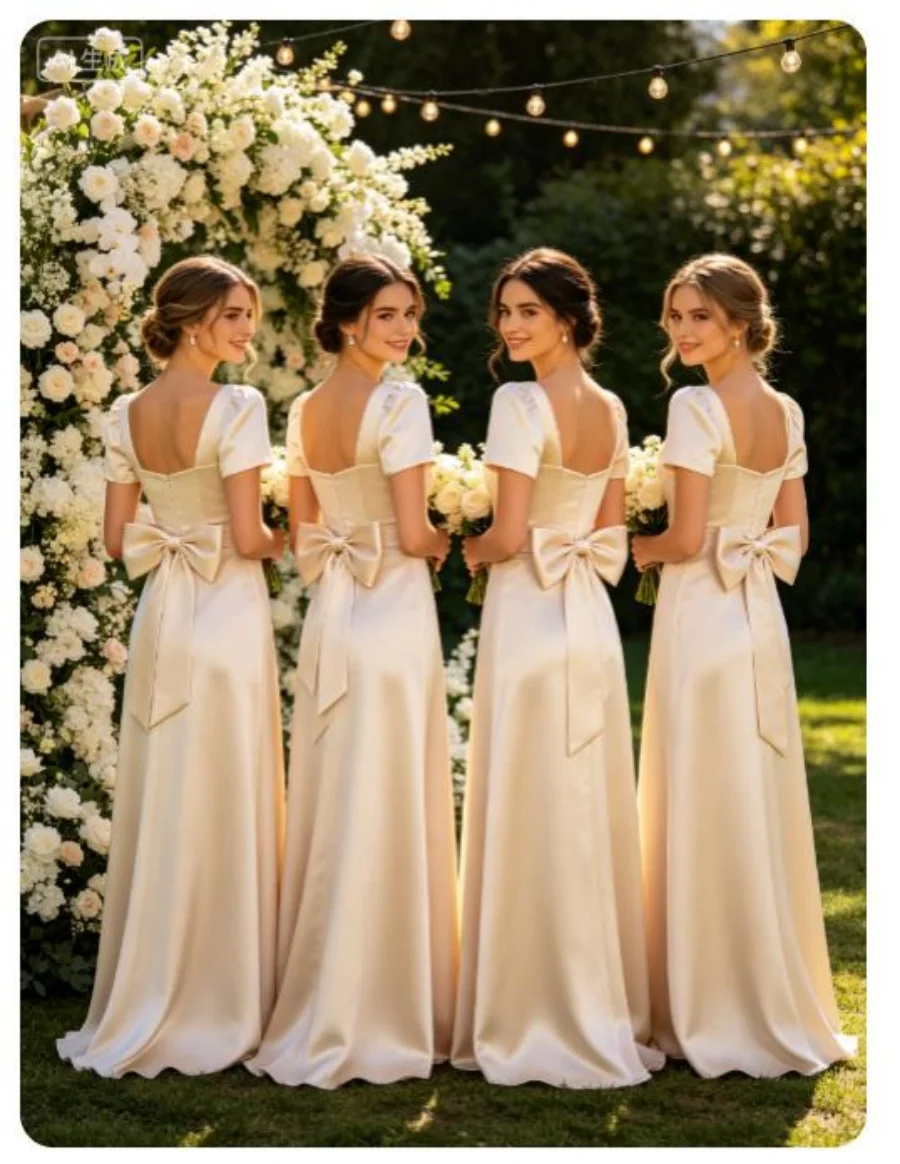 Champagne Satin Bridesmaid Dresses Short Puff Sleeve Square Neck U Back A Line Wedding Party Gown Bow On Back Floor Length Dress