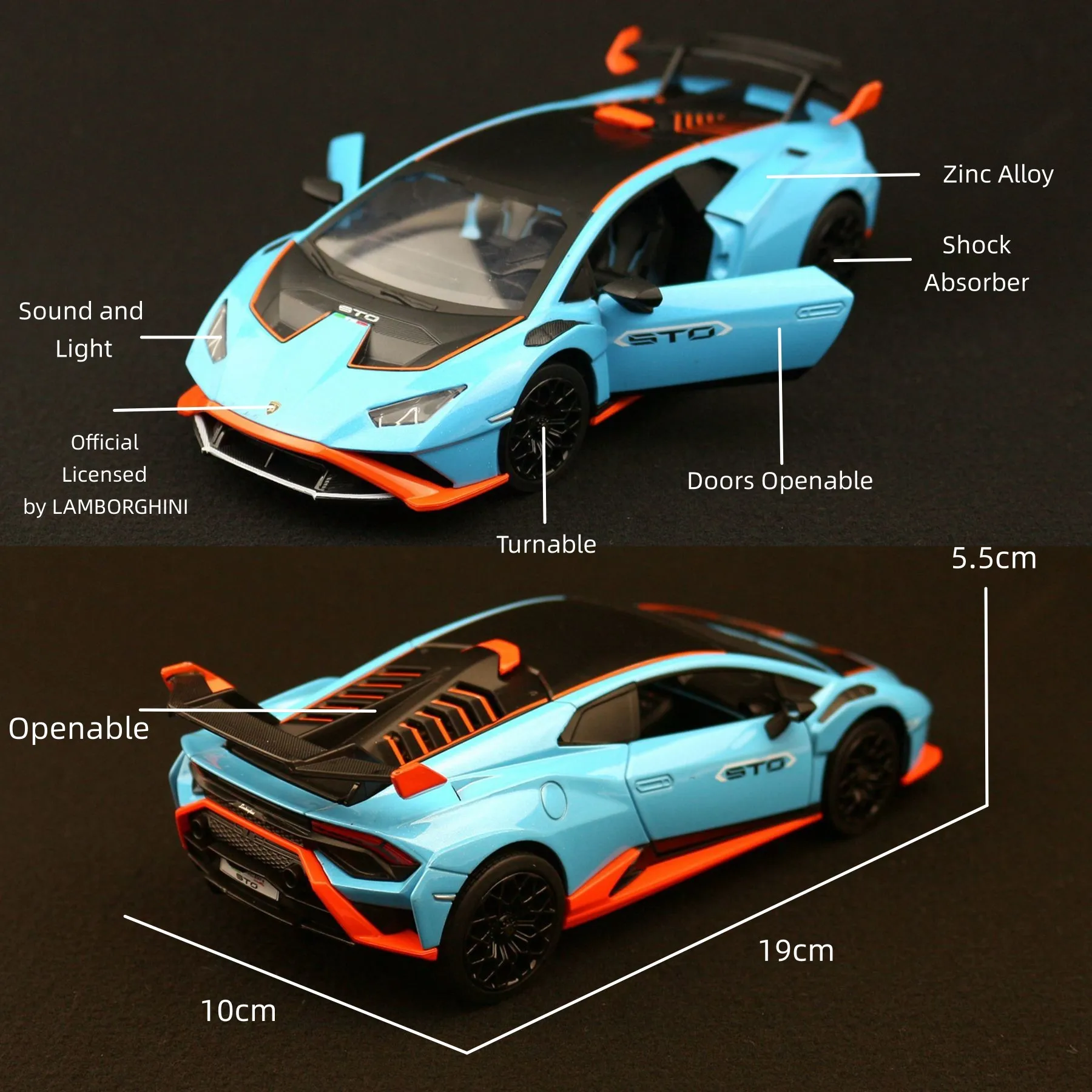 1/24 Lamborghini STO 1:24 Diecast Alloy Metal Toy Car Miniature Model Free Wheels Sound & Light Collection Gift For Boy Children