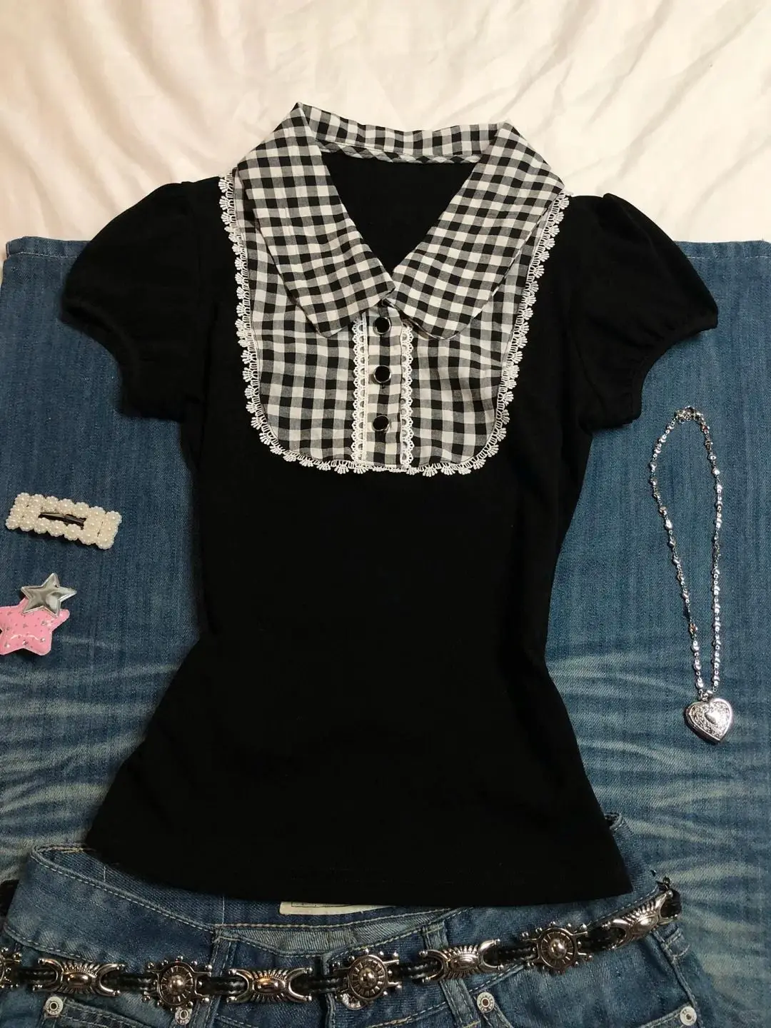Women Y2K Gingham Polo Shirt Vintage Black White Checkered Short Sleeve Lace Trim Casual Tee Streetwear Crop Top Polo Mujer