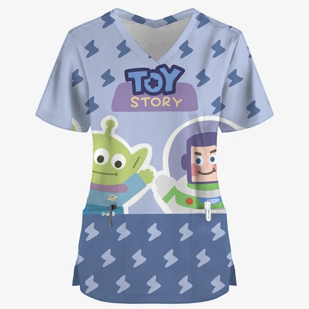 Nurse uniform, women's Toy Story printed short sleeved V-neck frosted work uniform, medical care, spa, pet dentistry