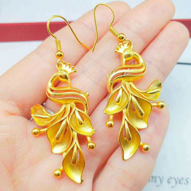 Anting-anting Phoenix Emas 999 kualitas tinggi anting-anting merak 24K perhiasan wanita kualitas mewah rumbai AU750