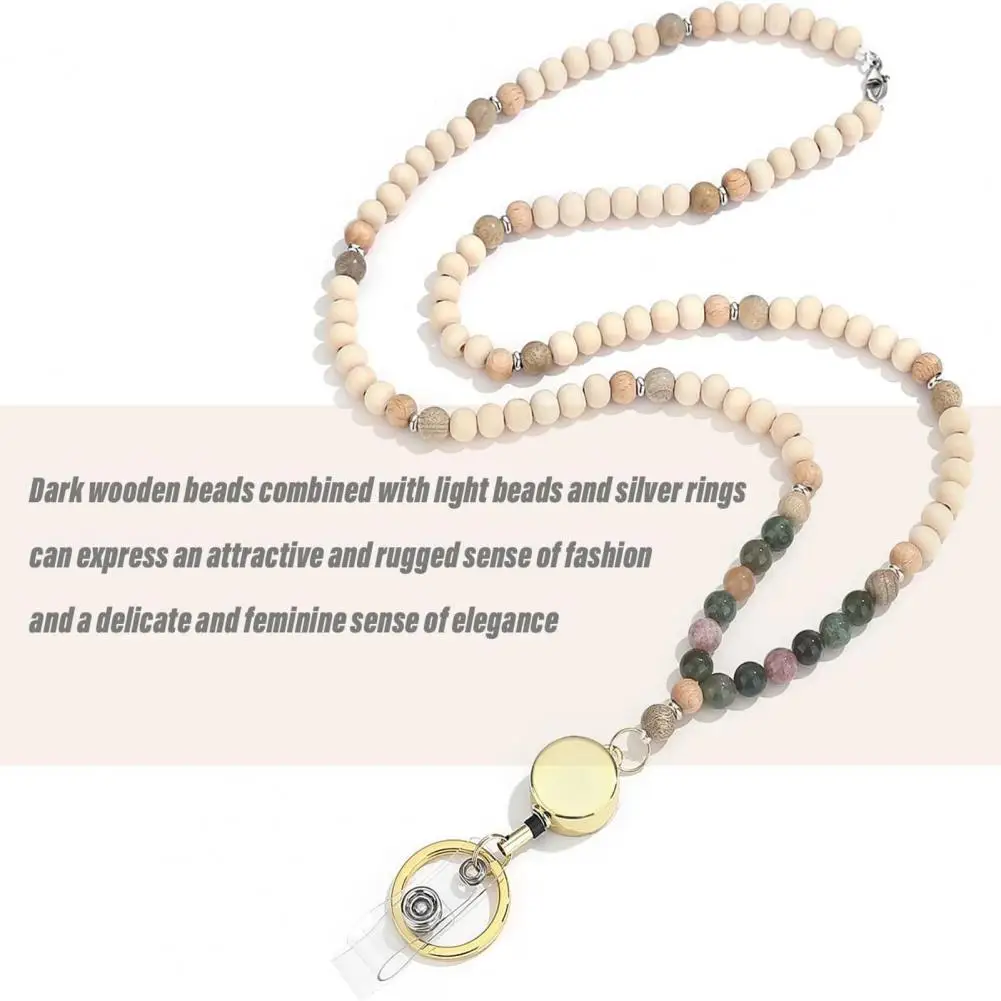 Women Beaded Lanyard Retractable Cord Lanyard Elegant Natural Wood Bead Lanyard with Retractable Id Holder Stainless Steel Clasp