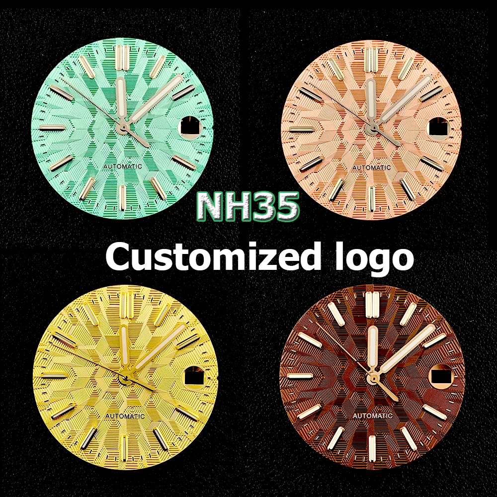 Nh35 dial 28.5mm logotipo personalizado dial relógio automático masculino mostrador luminoso verde adequado para movimento nh35 acessórios de relógio